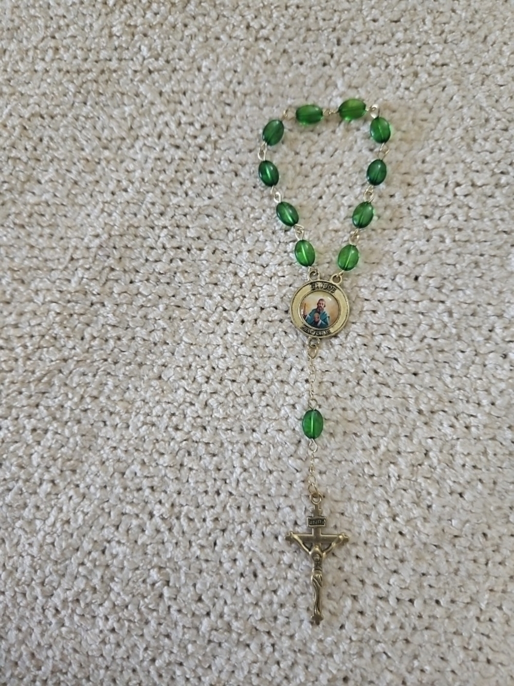 St Jude Green Glass Bead Decade Rosary Necklace with Gold-Tone Crucifix